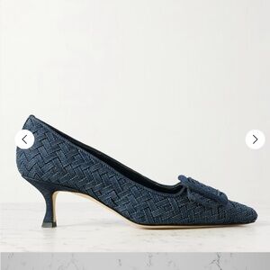 MANOLO BLAHNIK Maysale 70 Buckled Woven Denim Pumps - Size 39 (US 9)